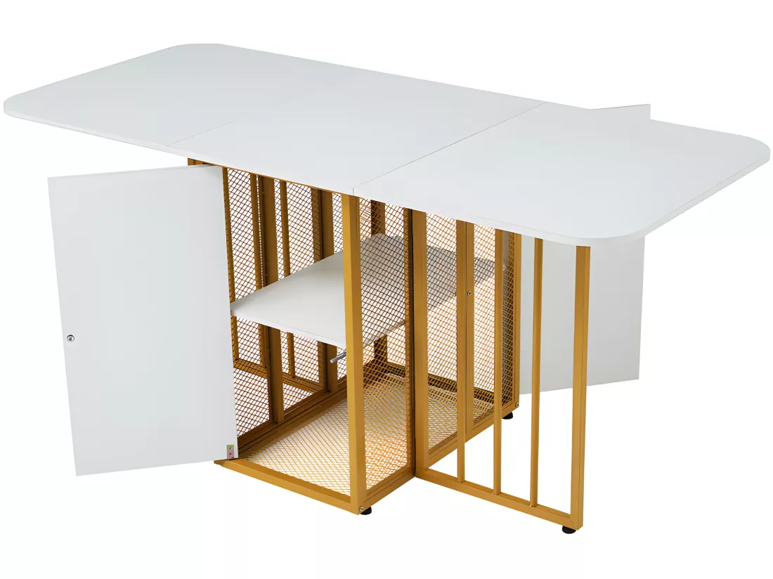 Table à manger pliante rétractable polyvalente avec étagères de rangement - Panneaux de particules - Blancs & Doré