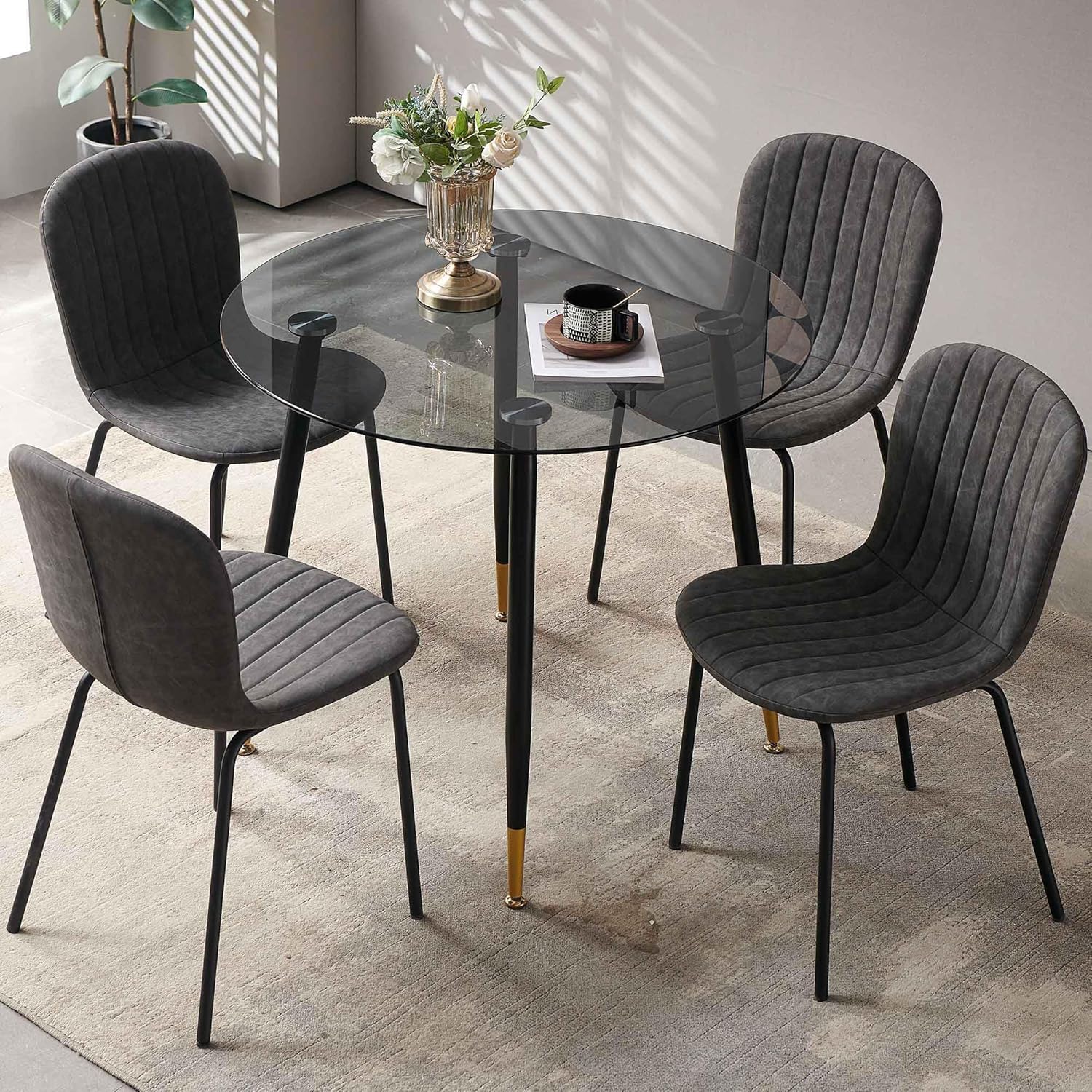 NORDICANA Esszimmerstühle 4er Set, Stuhl, Küchenstühle, Esszimmerstühle Kunstleder, mit Rückenlehne, Metallbeine, für Esszimmer, Wohnzimmer, Küche, Schlafzimmer und Empfangsraum (Grau)