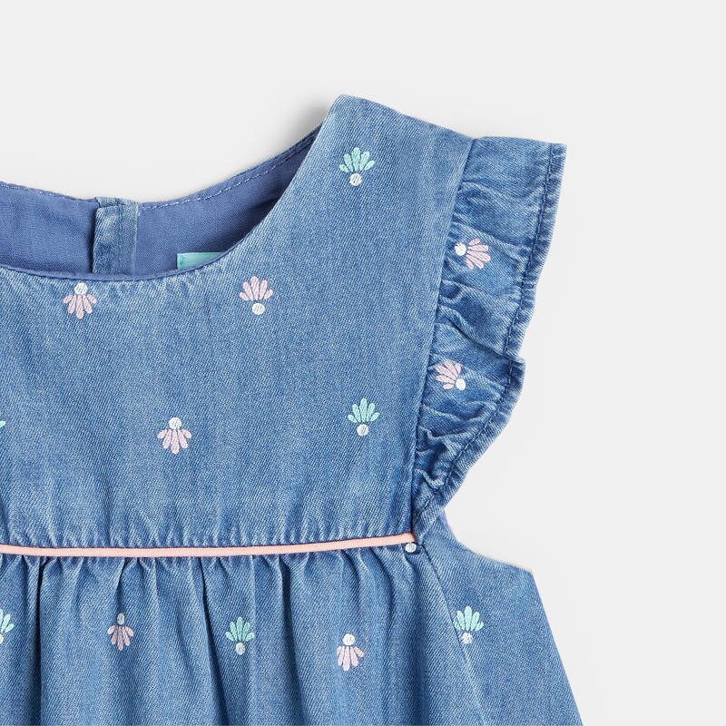 Robe fleurie denim et legging bleue bébé fille Bleu