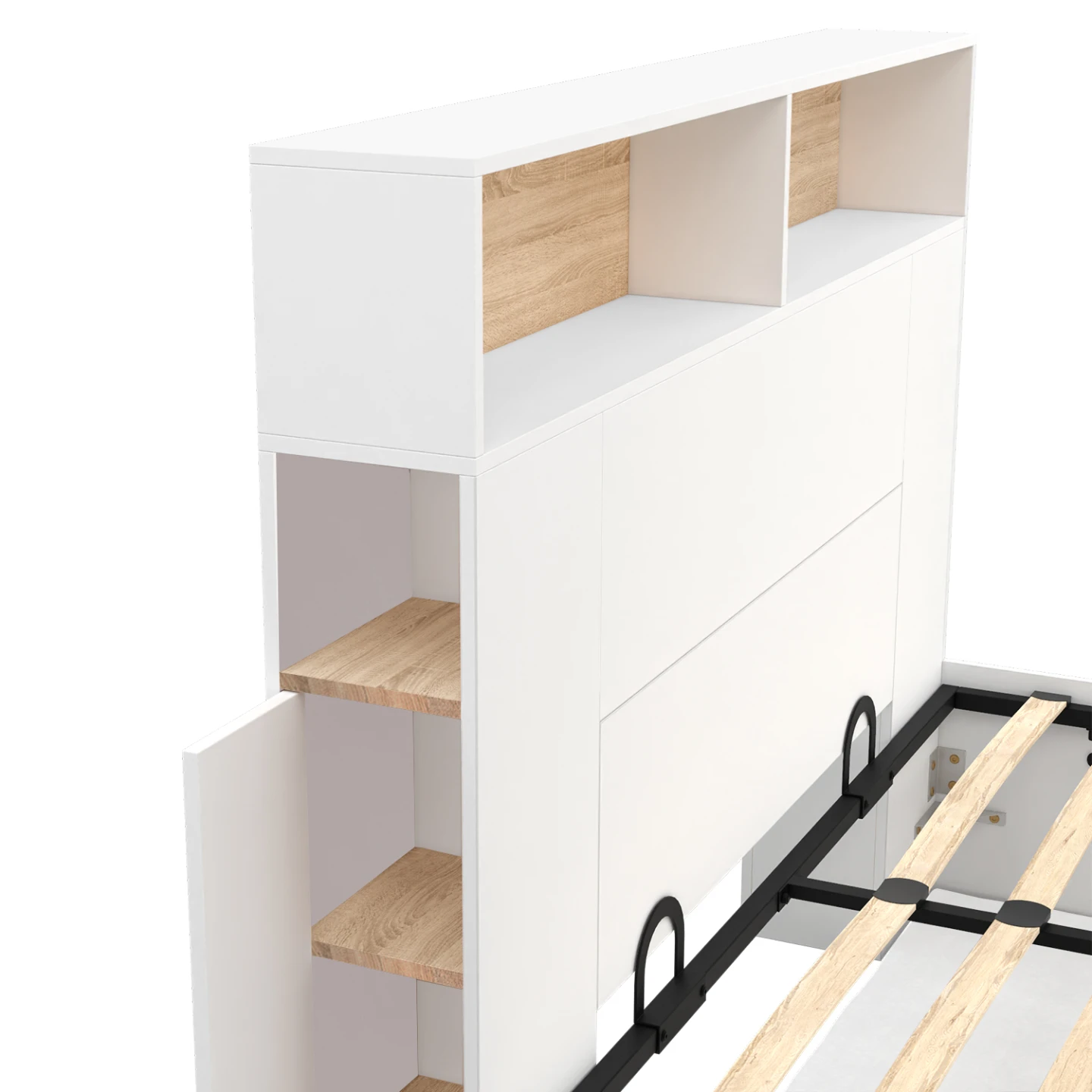 Lit coffre double CLYDE avec tête de lit + rangements et sommier 140 x 190 cm blanc et façon hêtre