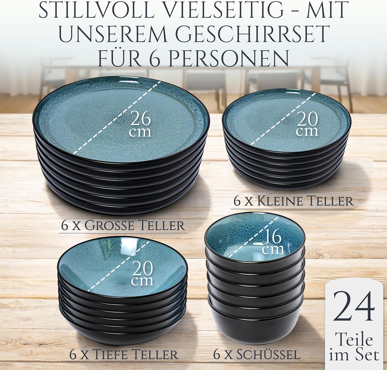 Steingut Geschirrset 6 Personen Ibiza 24 tlg. TESTSIEGER, Traumhaftes Mediterranes Steingut Geschirr Set, Schüssel- und Teller Set, Tafelservice 6 Personen, Geschirrsets Pure Living in Petrol