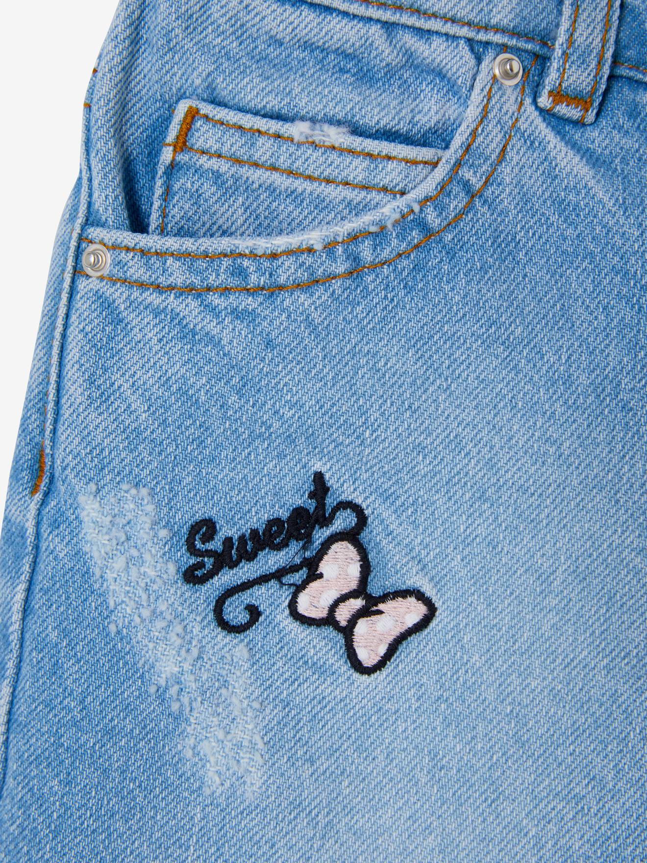 Shorts jeans bordados DS Minnie® em azul claro lavado