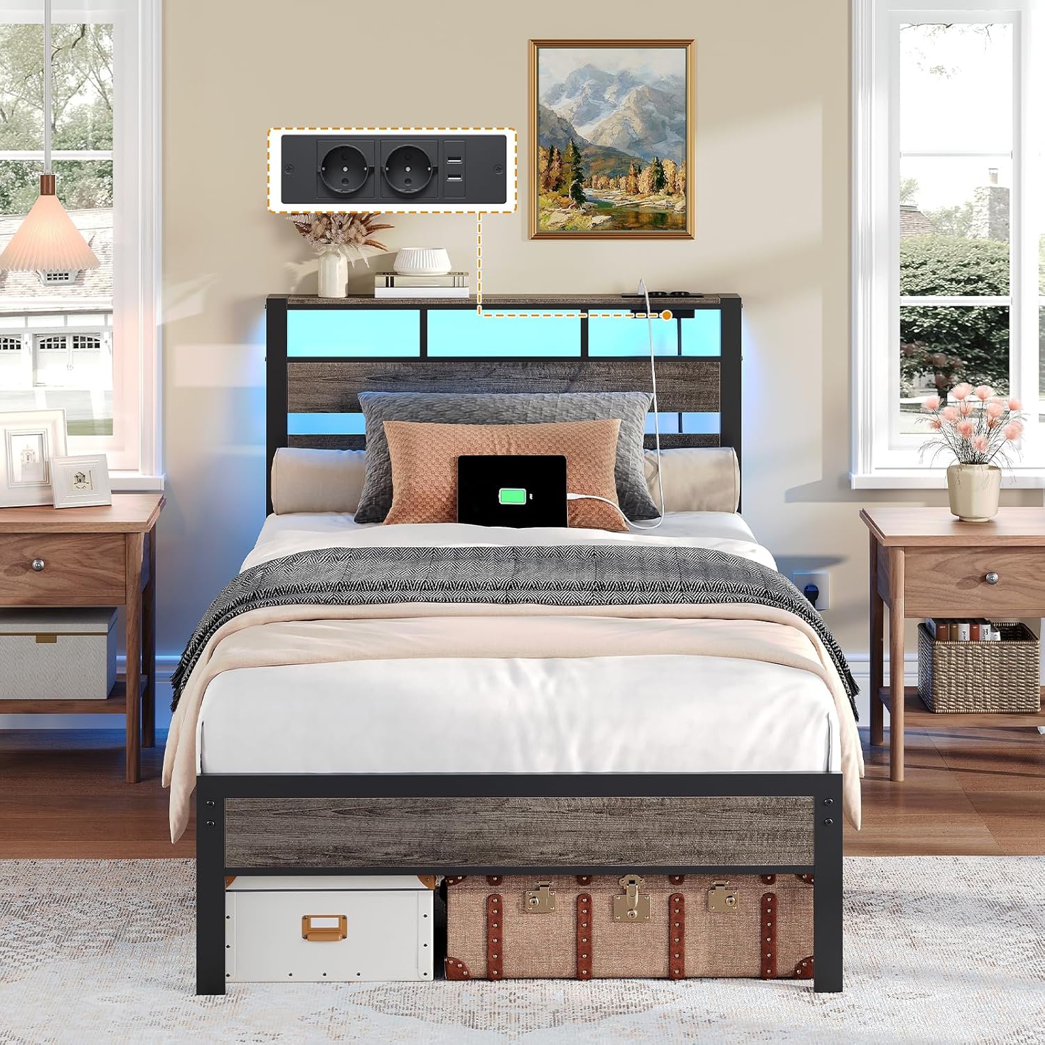 HOOBRO Bett 90 x 200 mit Lattenrost, Einzelbett mit Kopfteil, LED-Beleuchtung, Ladestation (2AC, 2USB-A), Bettgestell 90 x 200 cm, Metallbett für Schlafzimmer Gästezimmer, Anthrazit EBC77CDBF01 DR4563831