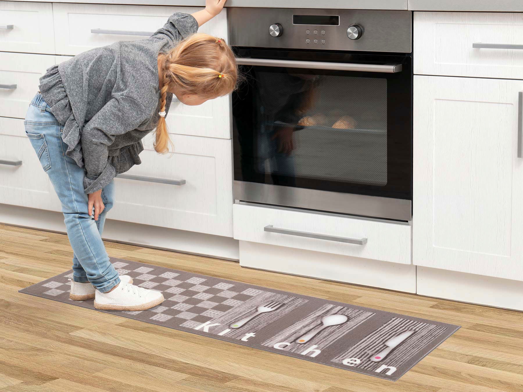 Primaflor-Ideen in Textil Küchenläufer »KITCHEN, Made in Belgium« rechteckig 5 mm Höhe mit Schriftzug & Motiv Besteck, rutschhemmend, waschbar, Küche