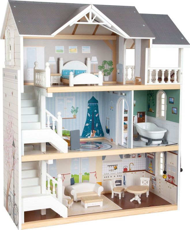 Houten Poppenhuis - Meerkleurig - 3 Verdiepingen - 4 Kamers