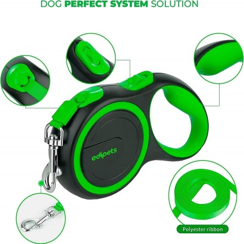 Guia extensível ajustável Edipets com sistema de freio, verde e preta, para cães.