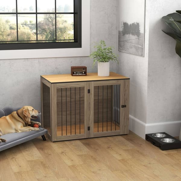 Hundeburmøbler, hundeboks med dør og vindu, sidebord til hjemmet, hundehus for store hunder under 30 kg, stål, 106 x 60 x 76 cm, eik