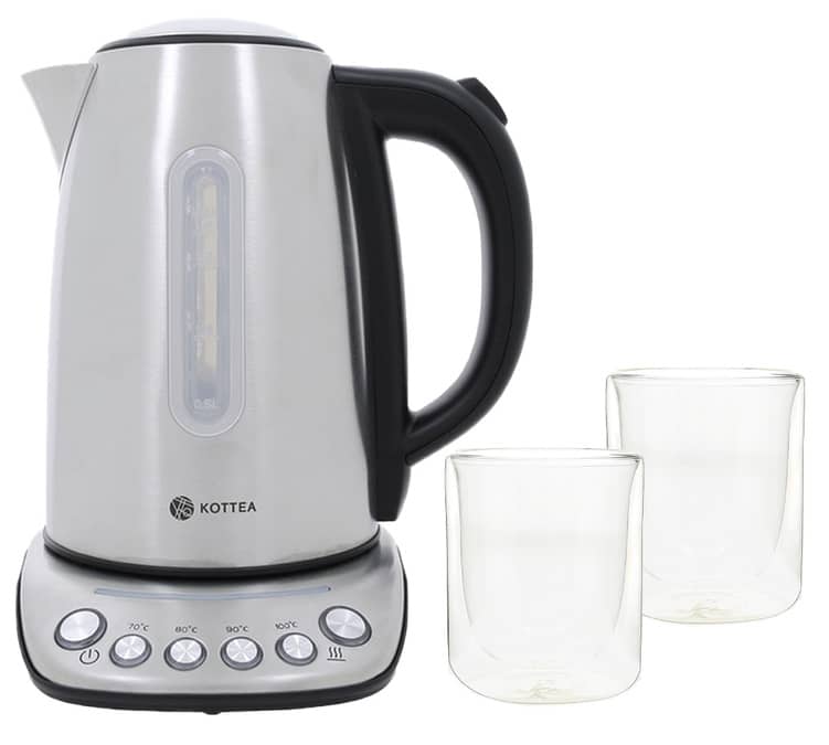 Bouilloire Kottea KT102 température réglable Inox 1.7L + 2 Verres Mila 25 cl