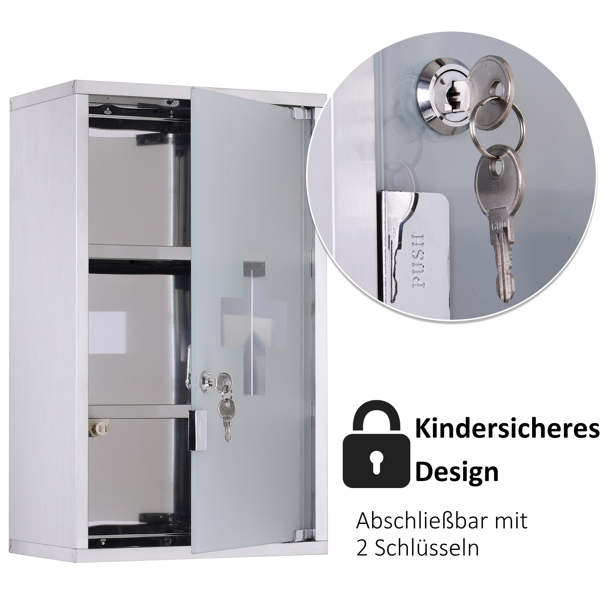 HOMCOM Medizinschrank mit 3 Fächer silber 30 x 18 x 50 cm (LxBxH)