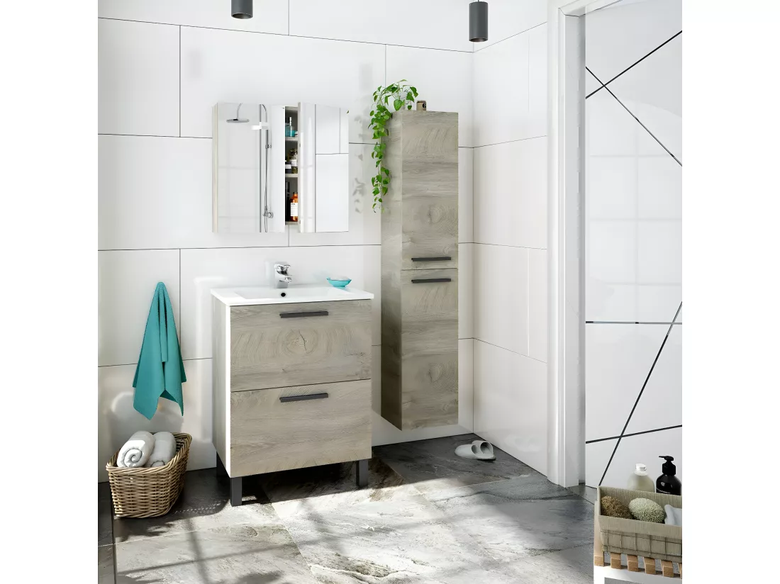 Colonne salle de bain Suspendue avec 2 Portes coloris Alaska chêne à nœuds - Hauteur 150 x Longueur 30 x Profondeur 25 cm