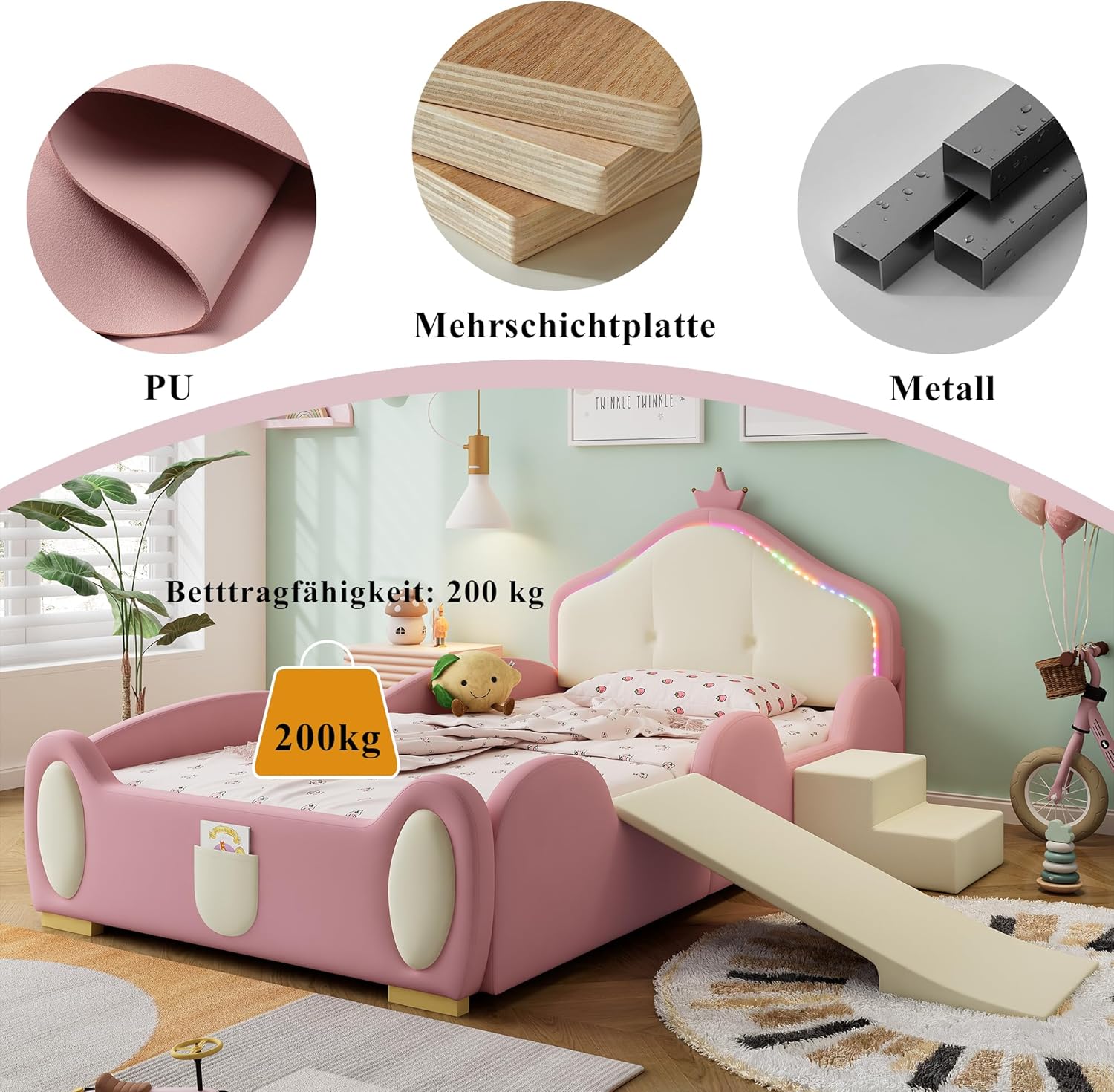 Polsterbett, Crown Cartoon Bett mit mehrfarbigem Multi-Mode-LED-Streifen, Kinderbett mit Kleiner Rutsche und Treppe, mit schützenden weichen Kanten, mit Holzlatten, PU, Rosa + Beige, 90x200cm