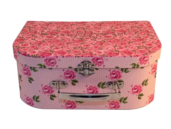 Tesæt i kuffert m. lyserødt blomstermotiv / Tea set in suitcase with pink flower motives