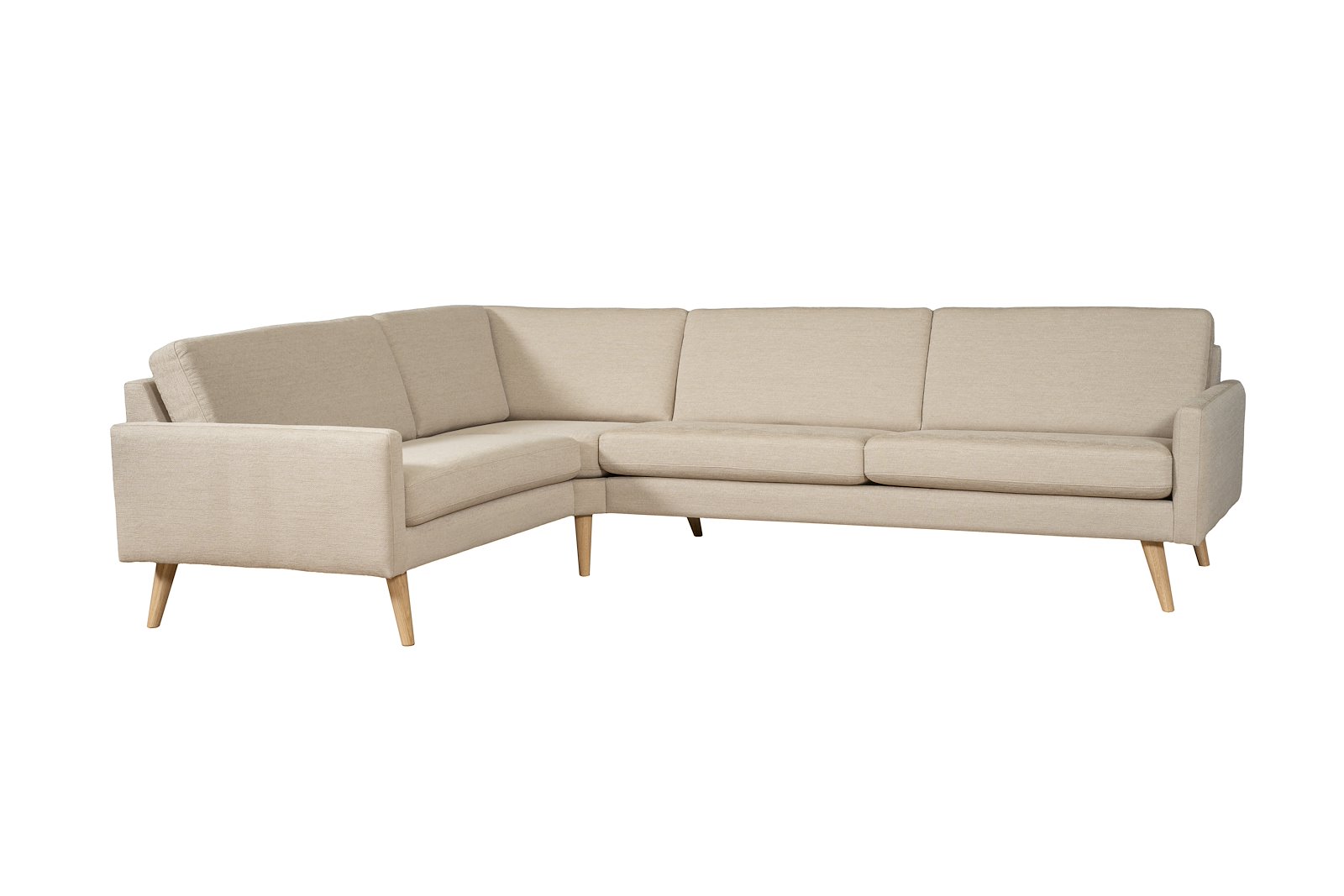 Villa hjørnesofa oppsett K 1,5-seter Big og 3-seter med lite hjørne. Tekstil Nicole 1/18 Beige. Skrå ben eik natur. Arm 23. Fast/Fast. Duo. Vendbar