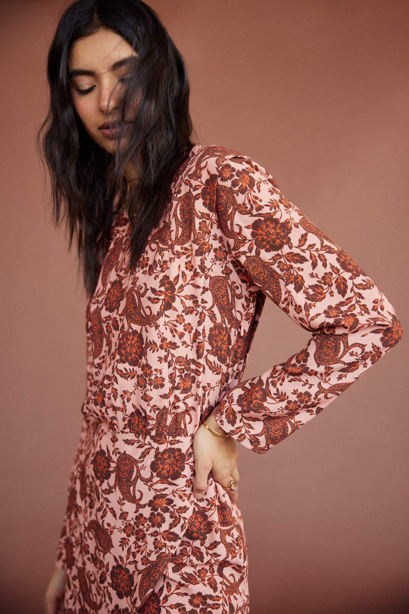 Vestido longo estampado de manga comprida - Estampa bege