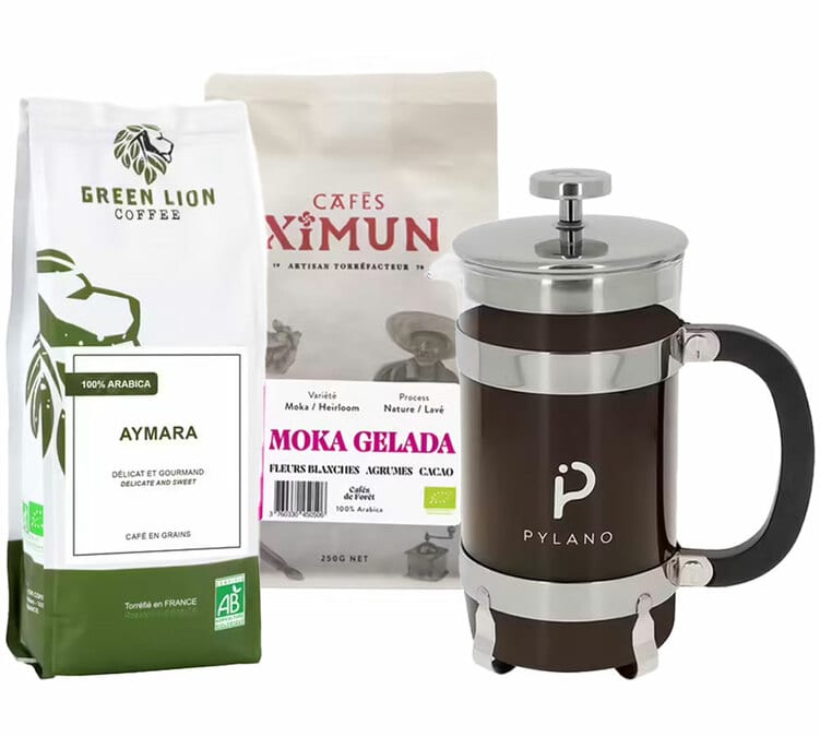 Pack découverte écologie - Cafés en grain bio + Cafetière à piston
