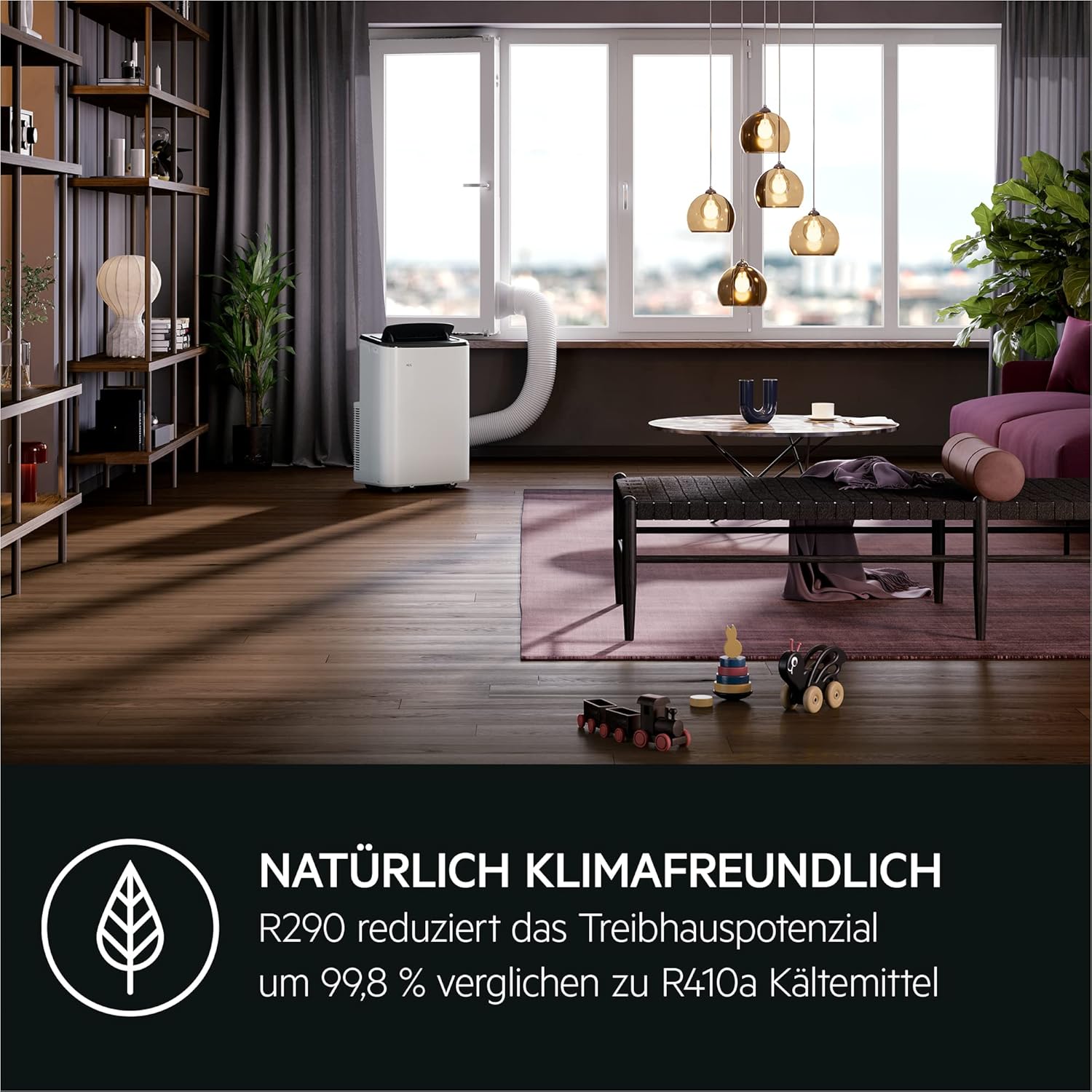AEG Comfort 6000 AXP26U559HW mobiles Klimagerät/LED Display/Touch-Bedienung / 30-40 m² / 61 dB(A) / Kühlen/Heizen/Ventilator/Entfeuchtungsfunktion/Automatik/App-Steuerung/weiß/schwarz