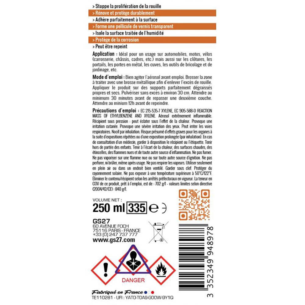 GS27 - Stop rouille séchage rapide 250 ml