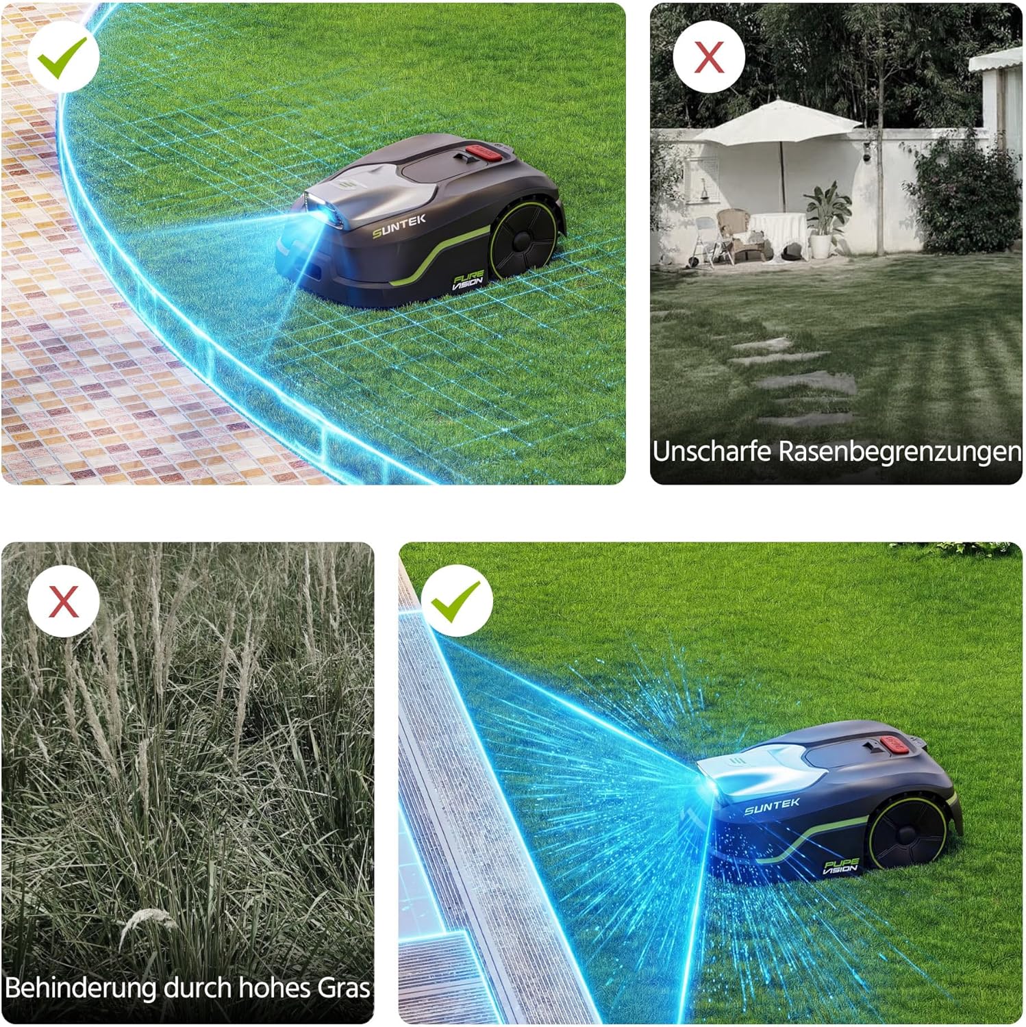 SUNTEK Mähroboter ohne begrenzungskabel AI Vision-Kamera, Rasenmäher Roboter, Max 600 m², Genaue Hindernisvermeidung, IPX5-Wasserschutz, APP Bedienbar