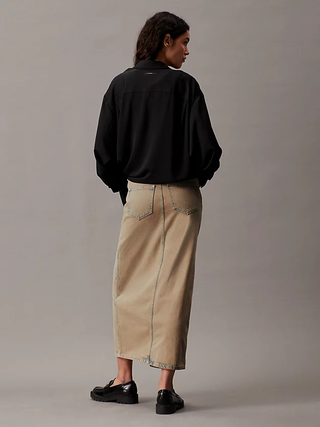 Saia jeans longa de cintura alta