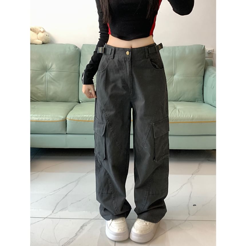 Kenning - Mid Waist Washed Wide Leg Cargo Jeans