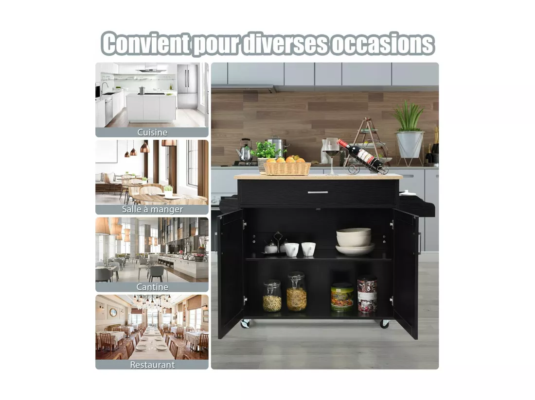 Dessert de Cuisine à roulettes Verrouillables, Ilot Central Cuisine Étagère Réglable sur 3 Niveaux, Grand Placard, Tiroir, Porte-épices et Porte-Serviettes, 40 x 116 x 85 cm (Noir)