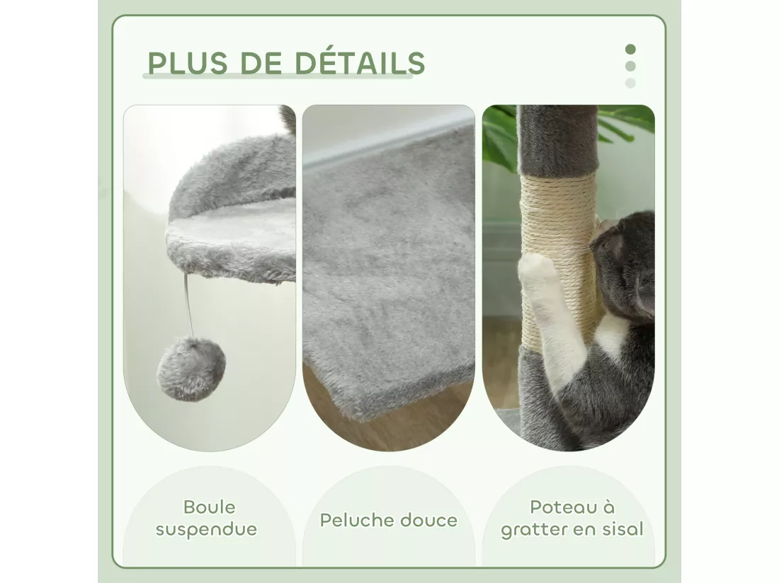 Arbre à chats multi-équipements griffoirs grattoirs plateformes niche corde jouets 40L x 40l x 114H cm gris
