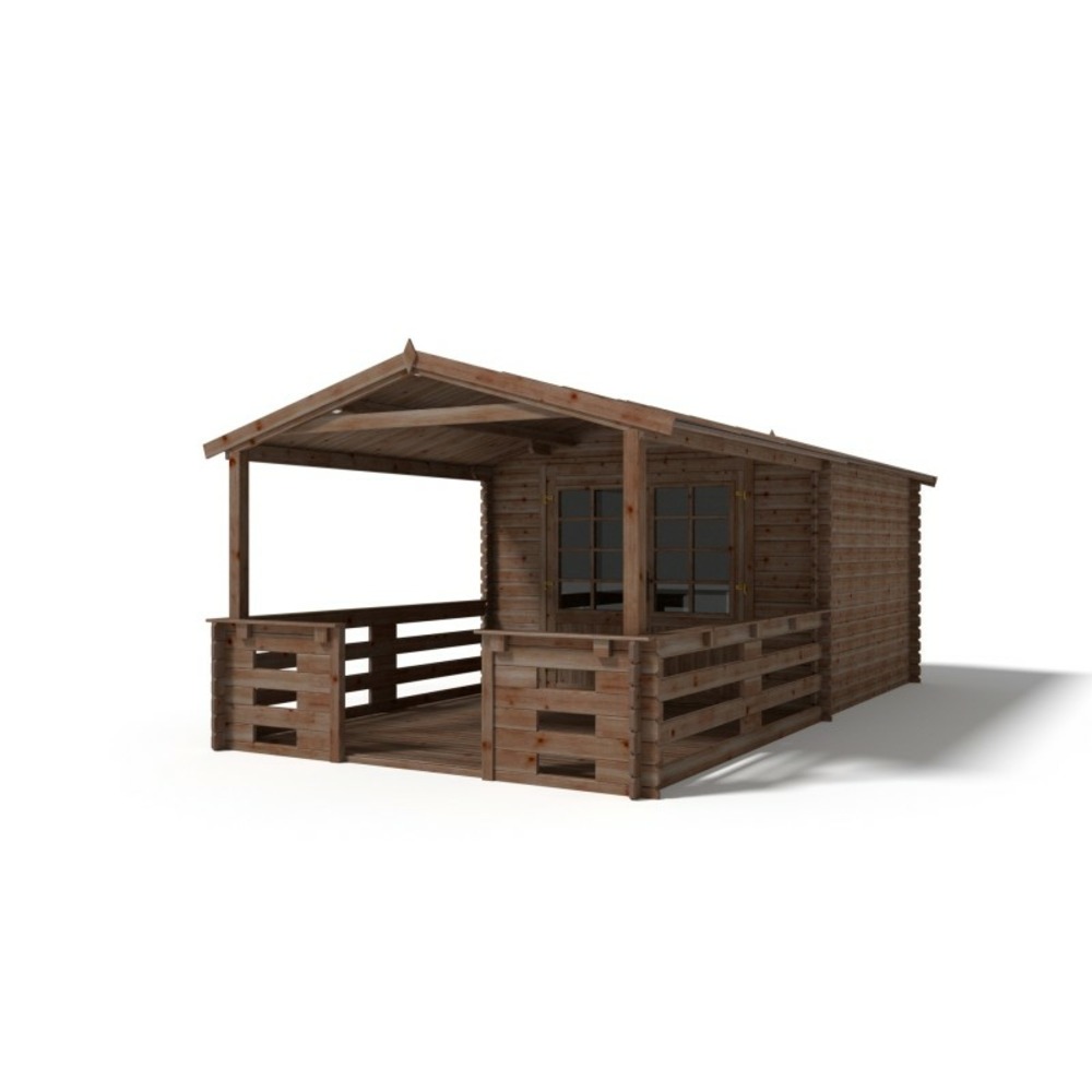 Abri de jardin en bois - 3x3 m - 18 m2 + terrasse avec balustrade et avant-toit en bois - traité