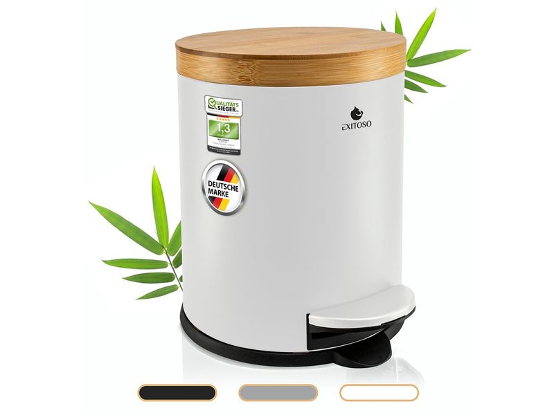 Exitoso Tretmülleimer mit Softclose-Deckel 5 l, Weiss Abfalleimer aus Bambus