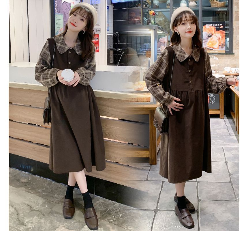 Levsayte - Zwangerschapsset: geruit overhemd + effen Henley midi-overalljurk