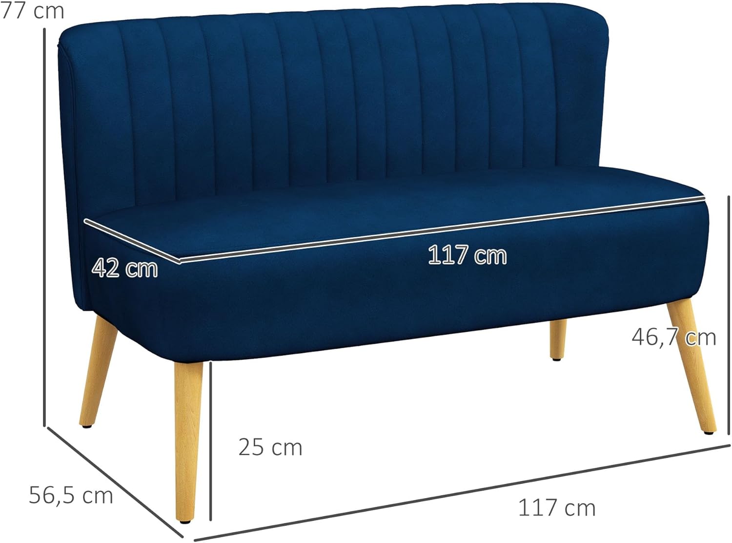 HOMCOM Sofa 2 Sitzer Couch, Kleine Loveseat mit Samt-Optik Modern Polstersofa für Wohnzimmer, Schlafzimmer, kleinen Raum, Dunkelblau 117 x 56,5 x 77 cm
