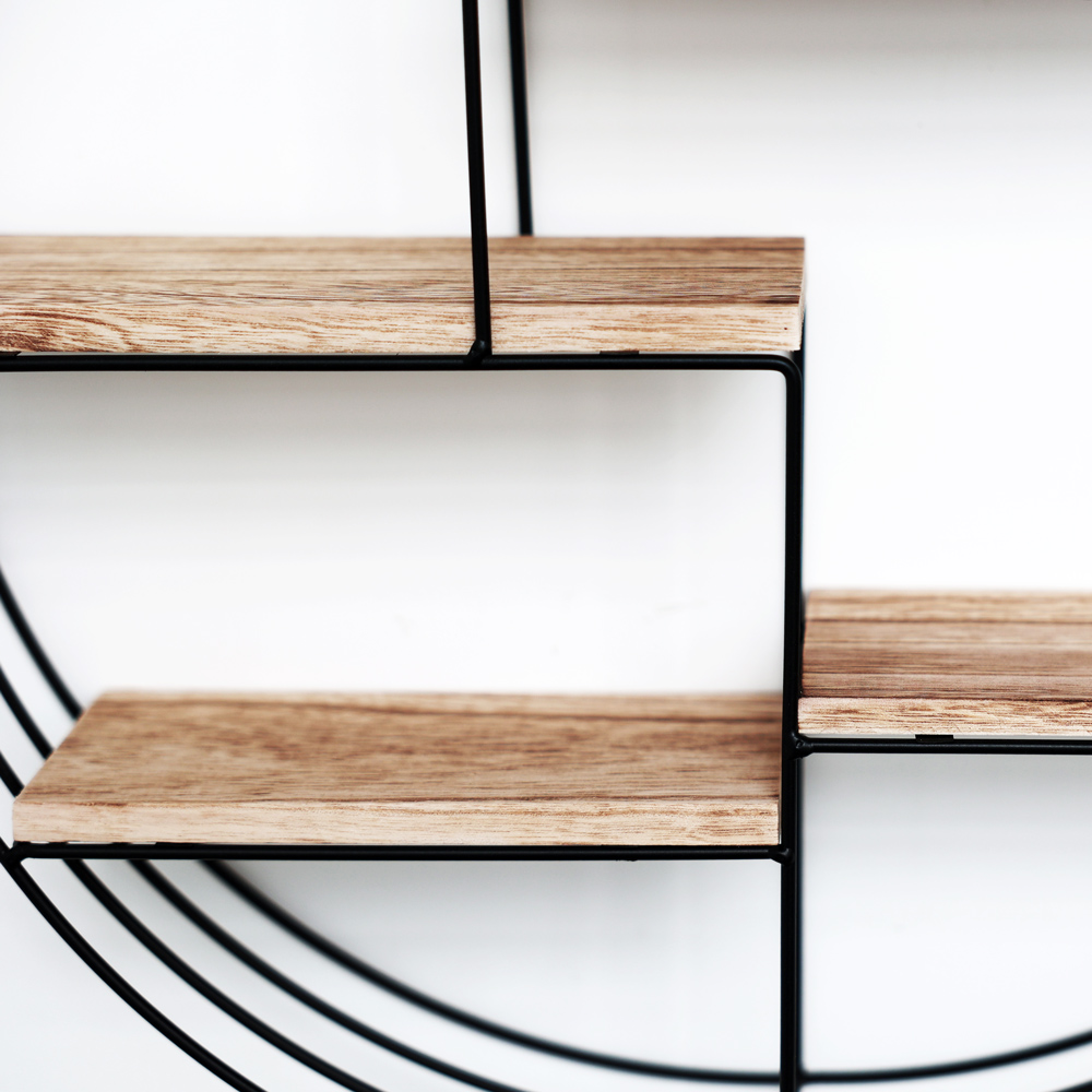 Etagère murale en métal noir - 3 planches en bois - ronde - 50x11 cm