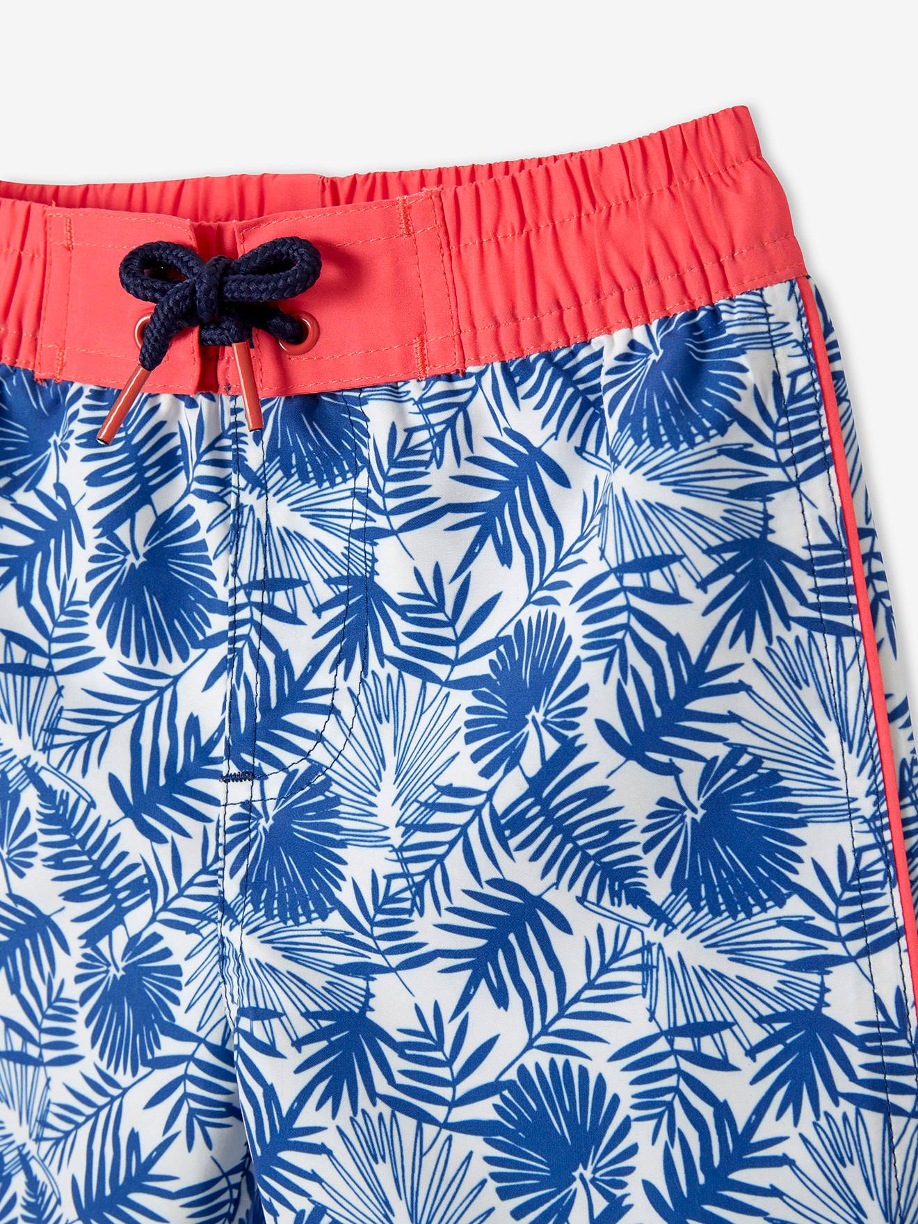 Calção de banho infantil com estampa de folhas, tamanho médio, estampa azul.