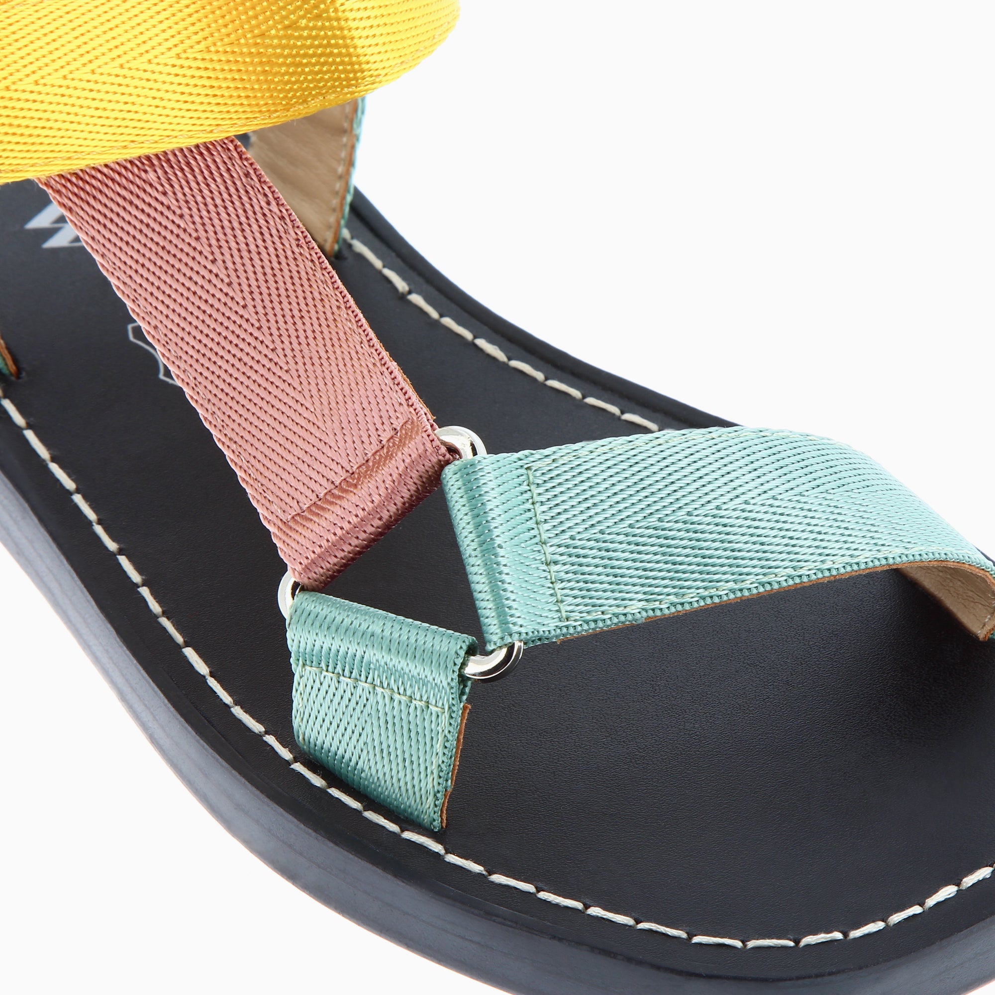 Sandales plates-Sandales plates Laurence en tissus jaune, vieux rose et vert d'eau