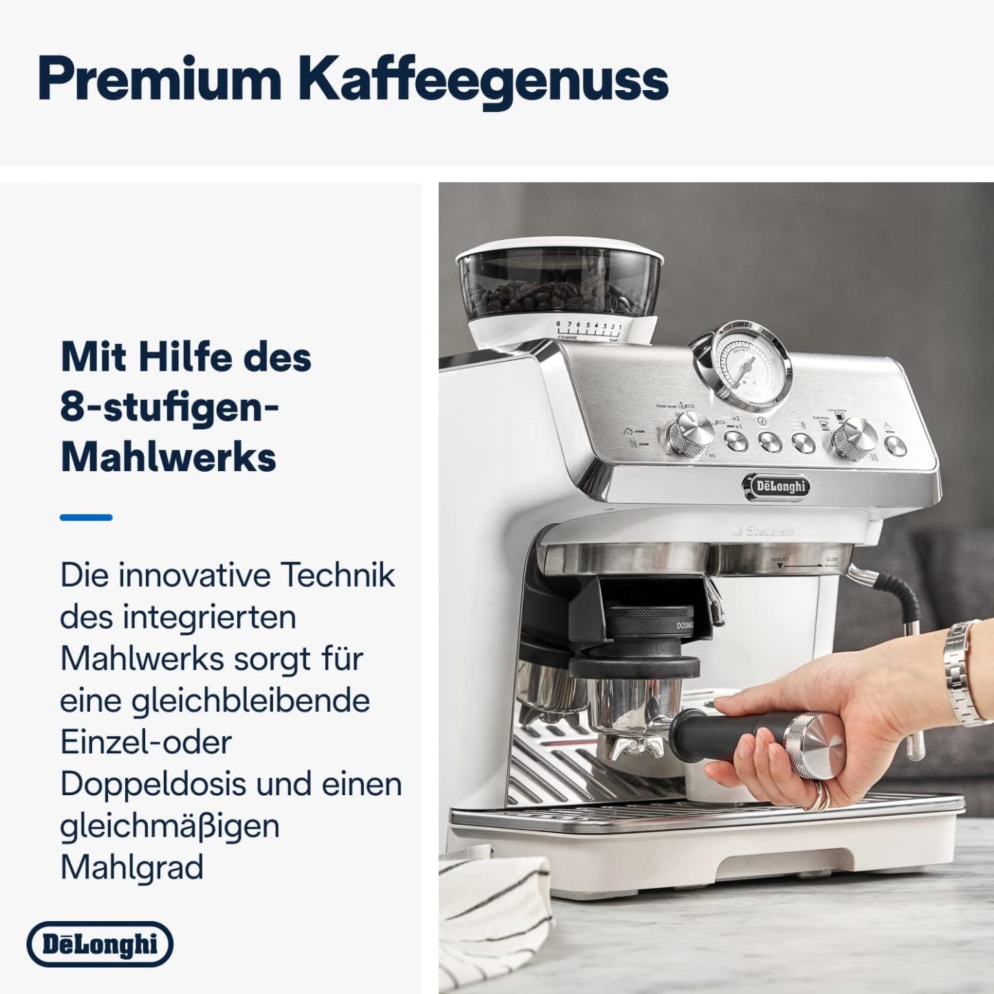 De'Longhi La Specialista Arte EC9155.MB Siebtrgermaschine, Espressomaschine mit Mahlwerk, 8 Mahlgrade, 15 Bar, 3 Temperaturen, Milchschaumdüse, 1300 W, 1,5 l Tank, Edelstahl/Schwarz inkl. Barista-Kit