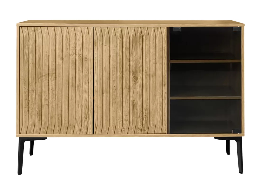Buffet, meuble de salle de bain avec 3 portes - 120 x 35 x 80 cm - Bois MDF + verre - LEDs - Naturel
