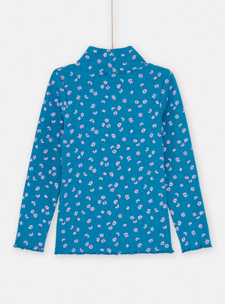 Sous-pull bleu pétrole à imprimé fleuri pour fille