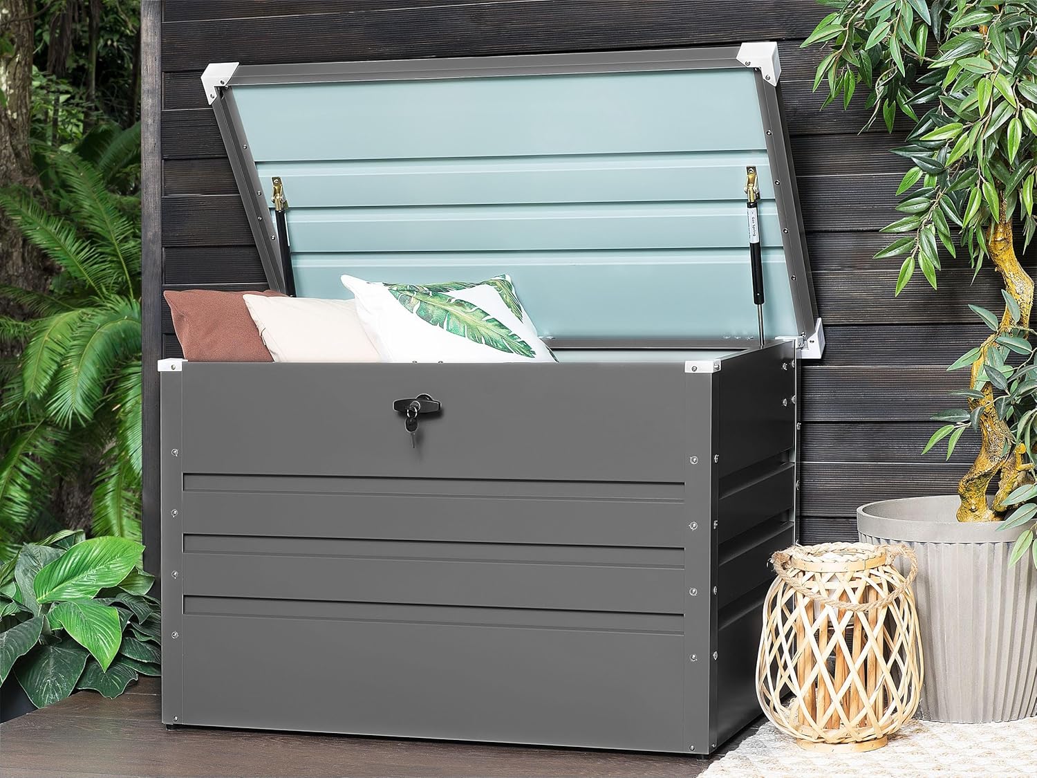 Beliani Metall-Gartentruhe 300 l grau Kissenbox Auflagenbox für die Terrasse wasserdicht Aufbewahrungsbox Gartenbox Cebrosa