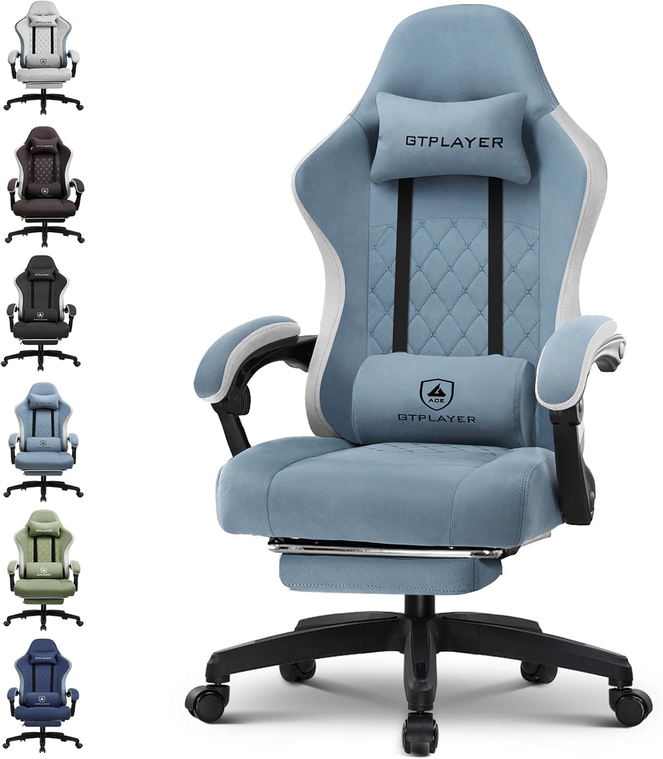 GTPLAYER Gaming Stuhl Ergonomischer Gaming Sessel Schreibtischstuhl mit Stoffoberfläche, Federsitzkissen, Verbindungsarmlehnen und Fußstütze Hellblau