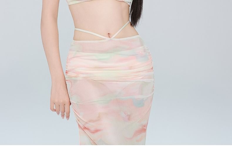 rongira - Set: Halter Tie Dye Flower Accent Bikini Top + Broekje + Bedekkende Rok