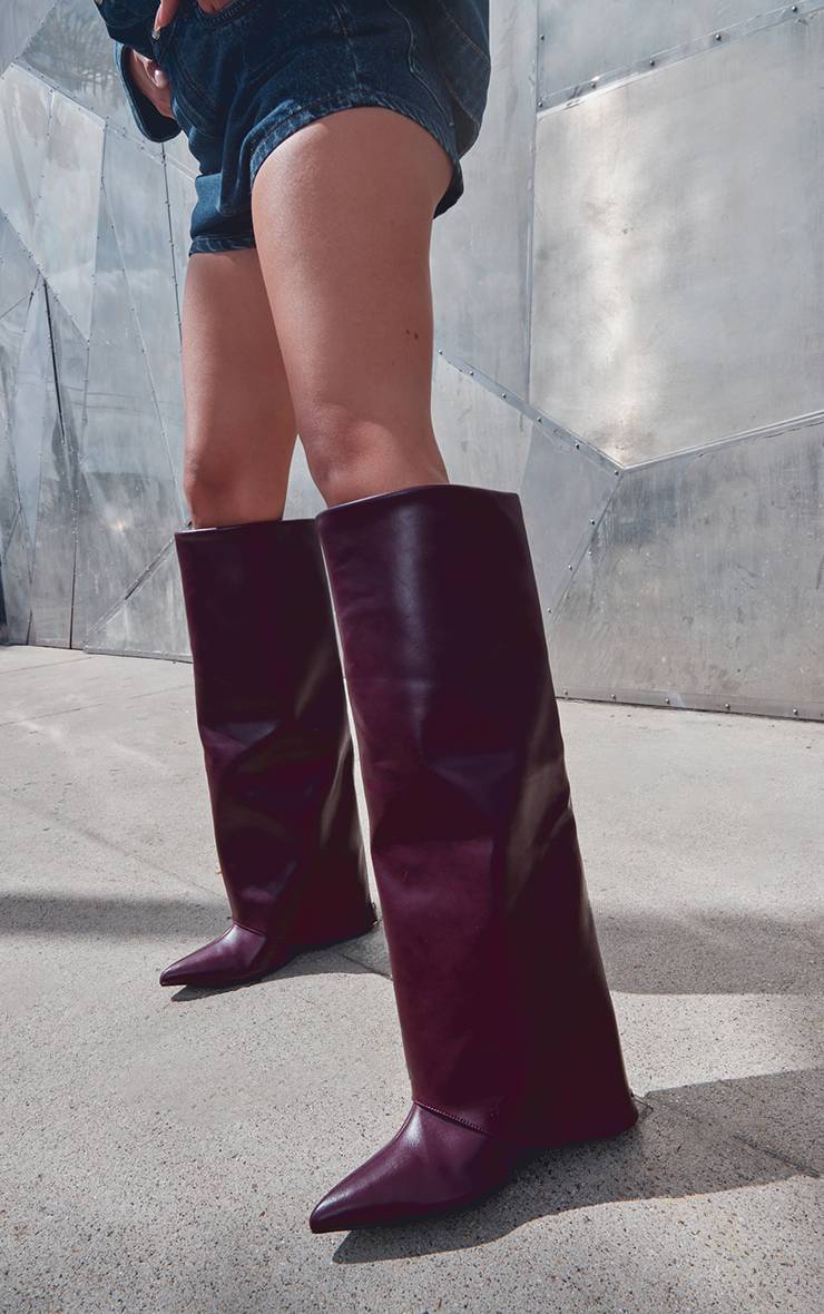 Rouge Bordeaux Bottes Hautes À Talon Compensé Coupe Large En Synthétiquecuir Avec Détail Zip Et Bout Pointu