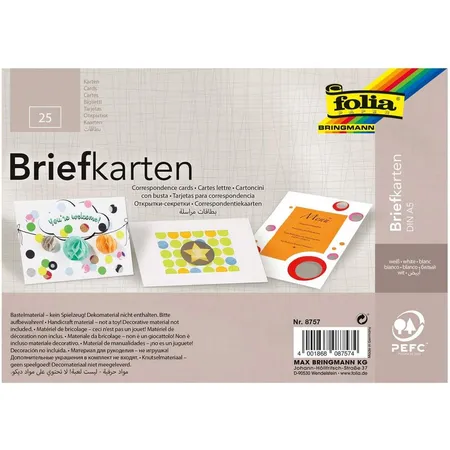 Folia Briefkarten weiß, DIN A5 einfach, 25 Stück