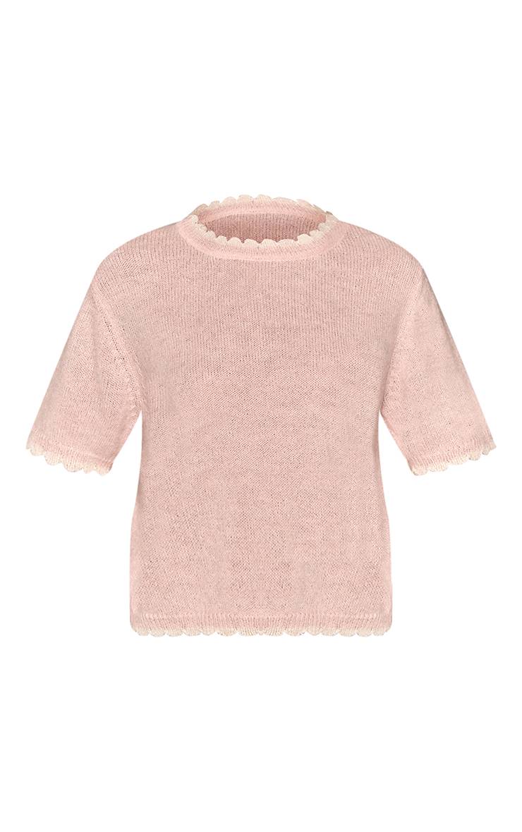 Rose T-shirt En Maille Mélangée Laine À Bords Festonnés Contrastants