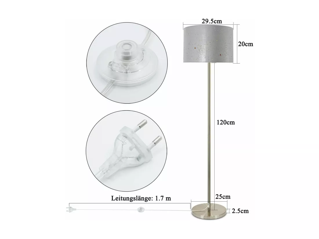 NETTLIFE Lampadaire Salon moderne - Lampe sur pied avec abat-jour en tissu gris or design étoile 144cm avec interrupteur à pied E27 et prise