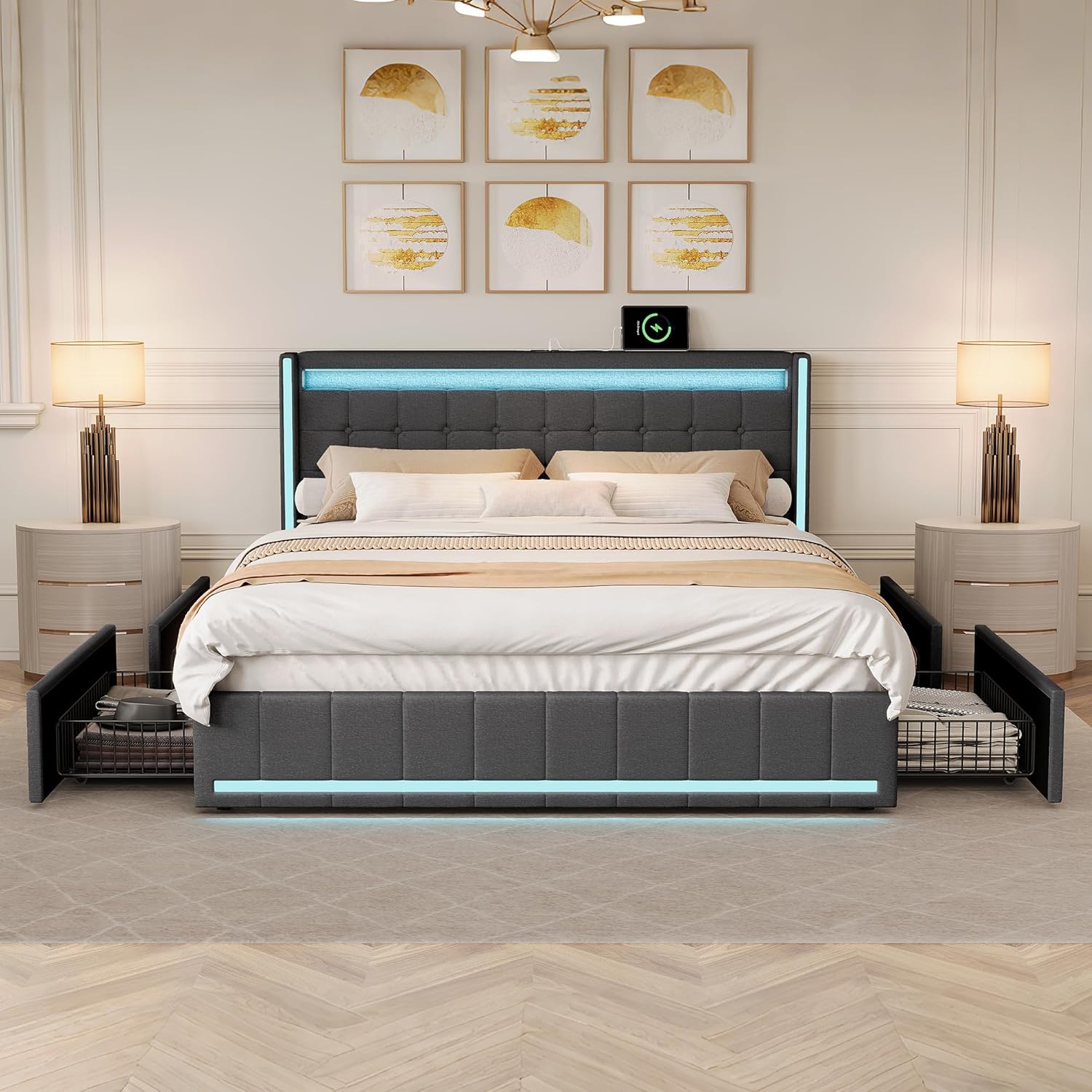 Polsterbett Doppelbett 180x200 cm, Stauraumbett mit 4 Schubladen, Bett 180x200 mit Bettkasten und Lattenrost, LED Kopfteil mit USB Ladestation, Jugendbett Funktionsbett Rückenlehne Bett, Leinen