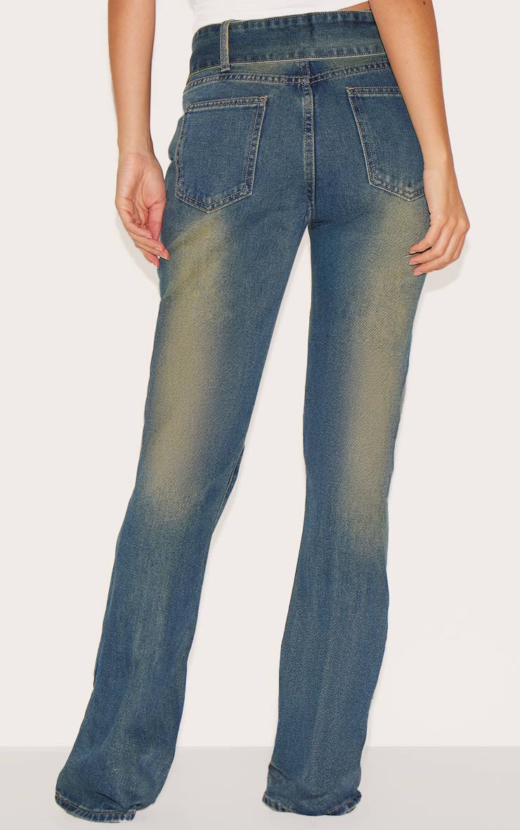 Indigo Vintage Wash Jean Évasé À Couture Frontale Avec Ceinture