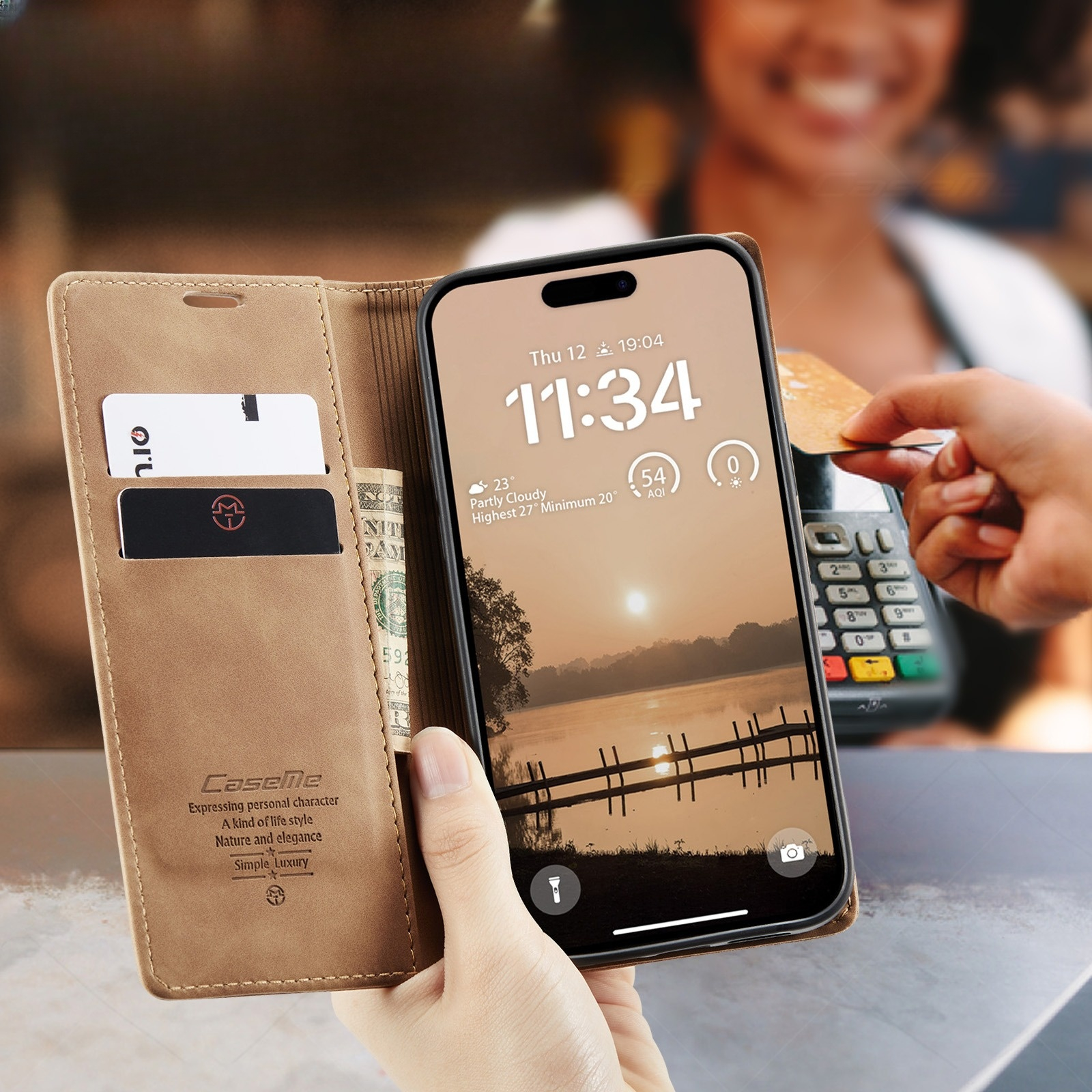 iPhone Air Leder Tasche Flip Wallet Etui mit Kartenfächern - Hellbraun