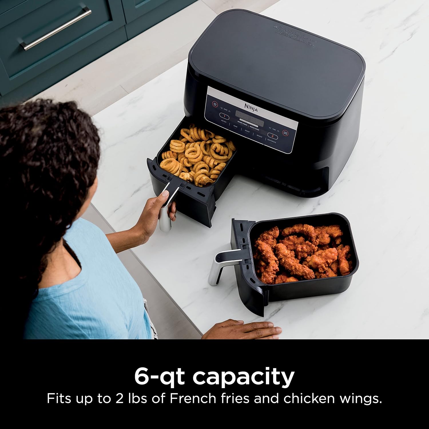 Ninja DZ090 Foodi – Friteuse à air 5 en 1 DualZone à 2 paniers avec 2 paniers de friture indépendants, Match Cook & Smart Finish pour rôtir, cuire, déshydrater et plus encore pour des collations