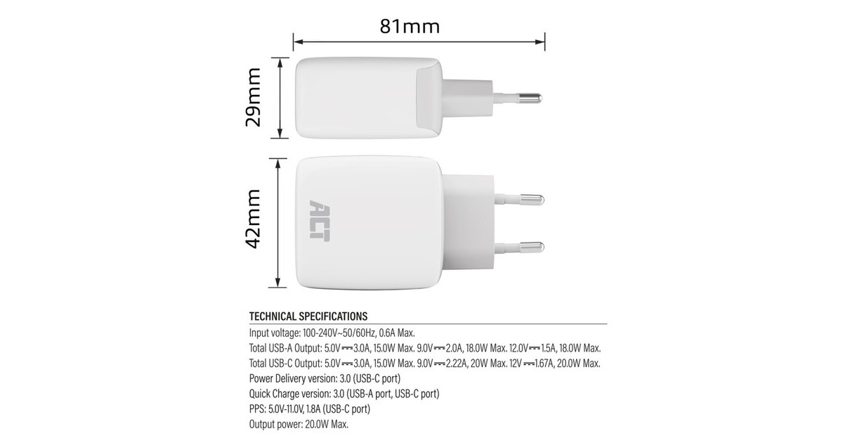 ACT ConnectivityUSB-C & USB-A lader 20W met Power Delivery PPS, Quick Charge, GaNFast oplader  (Wit)