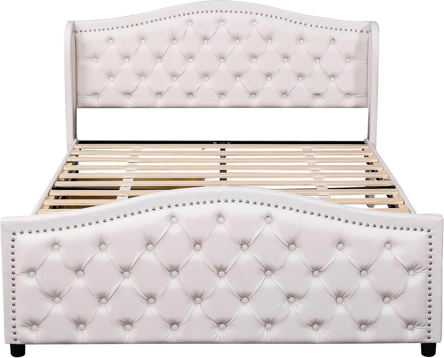 Kayan Polsterbett 140 x 200 cm - Bett mit Lattenrost, 2 Schubladen und Kopfteil mit Zugpunktnieten – Holz & Kunstleder - Weiß – Jugendbett Gästebett
