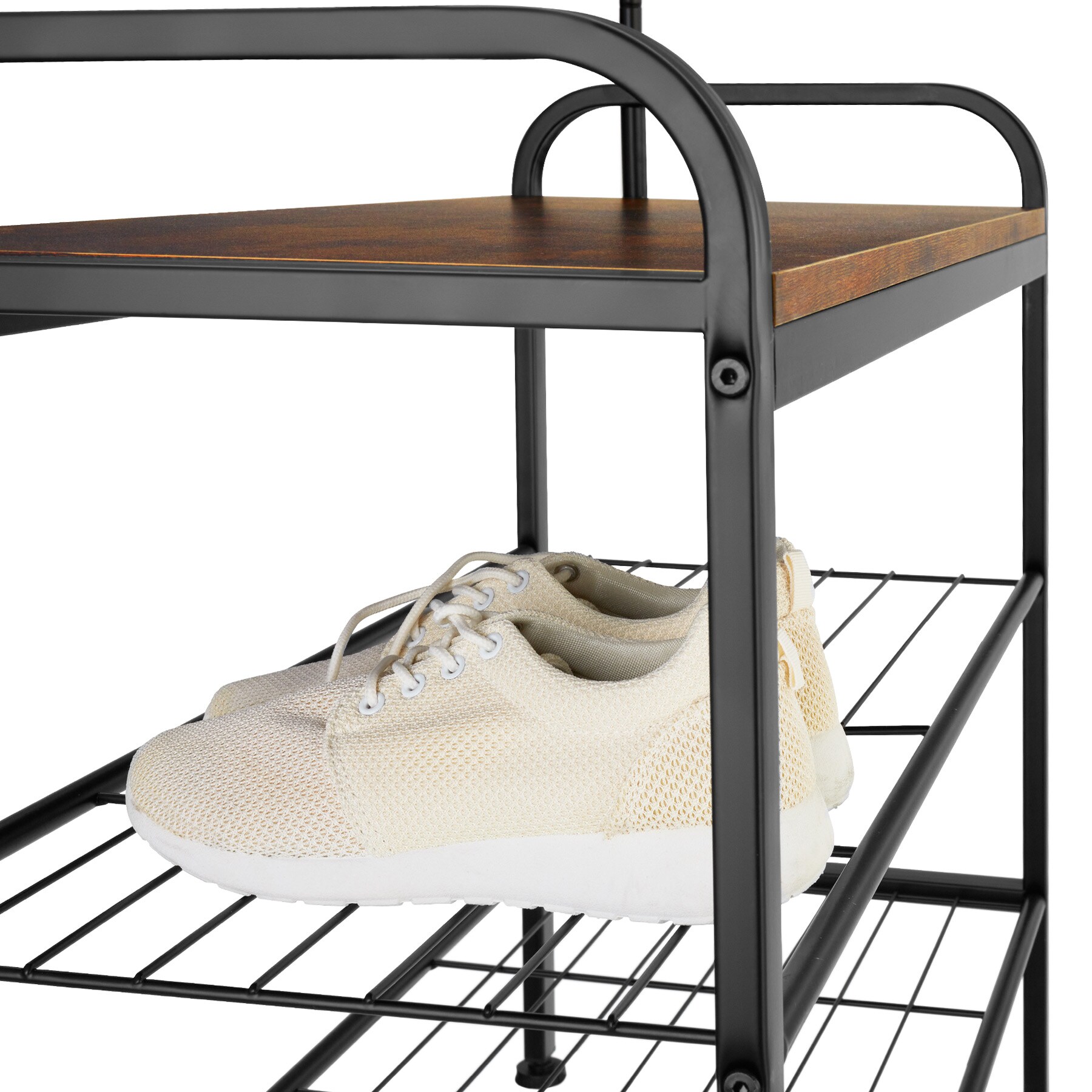 tectake® Garderobenständer, Industrial Style, mit Sitzfläche, 2 Gitterablagen und 9 abnehmbaren Haken, inklusive Kippschutz, 73,5 x 36 x 184 cm